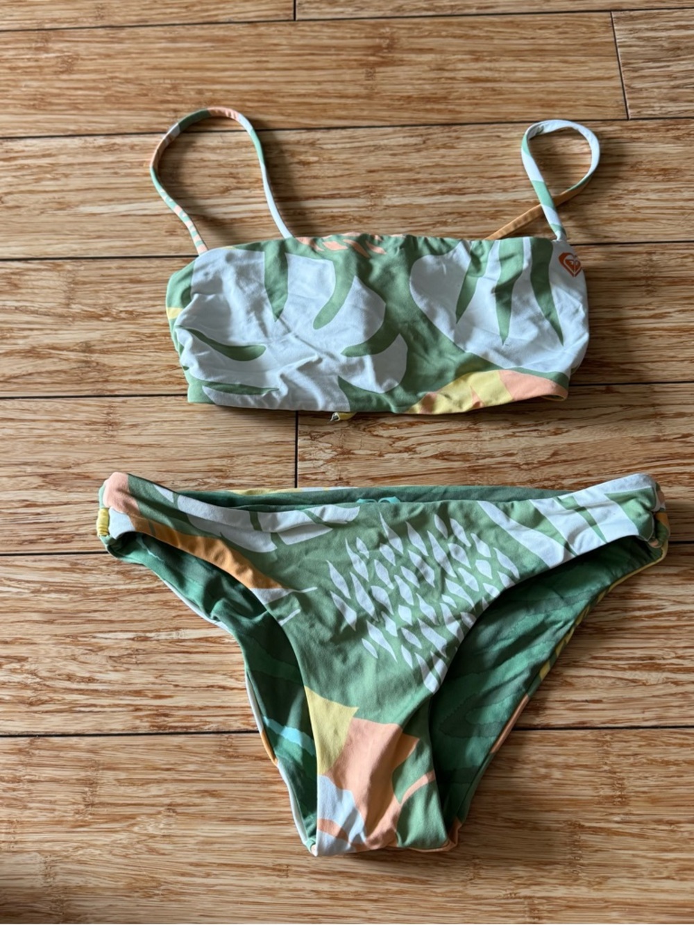Roxy Reversible Green and White Tropical Print Bikini